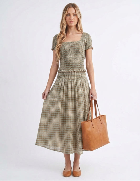 The Hazel Smocked-Waist A-Line Midi Skirt in Sage Plaid