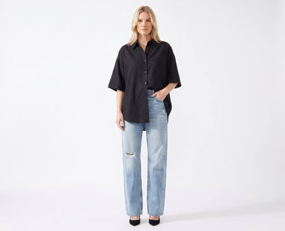The Soren Oversized Short-Sleeve Button-Down in Olive Khaki