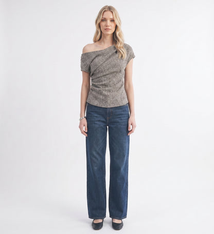The Geneva Asymmetrical Drape Cowl Knit Top in Charcoal