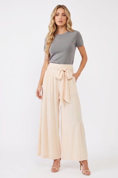 The Catalina Tiered Wide-Leg Tie-Waist Pants in Cream