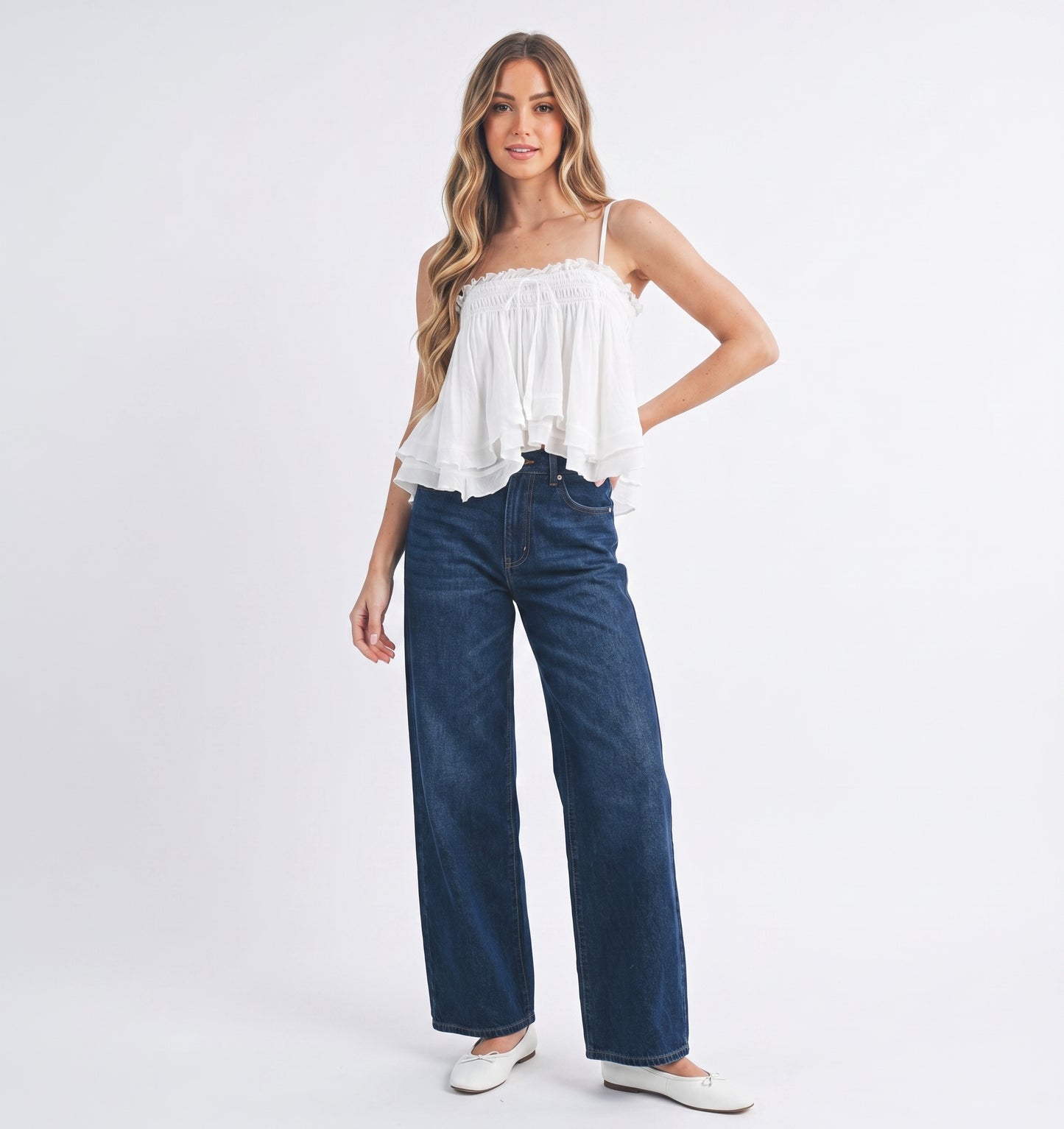 The Aria Smocked Tiered Ruffle Cami Top in White