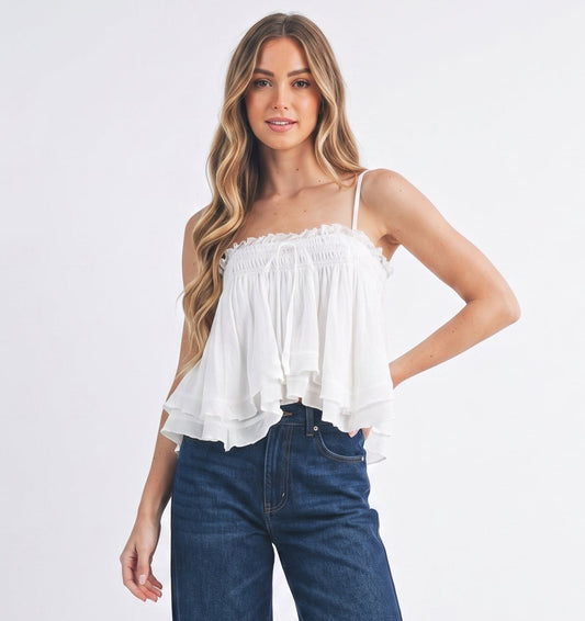 The Aria Smocked Tiered Ruffle Cami Top in White
