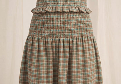 The Hazel Smocked-Waist A-Line Midi Skirt in Sage Plaid