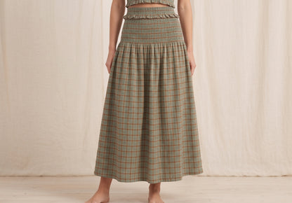 The Hazel Smocked-Waist A-Line Midi Skirt in Sage Plaid