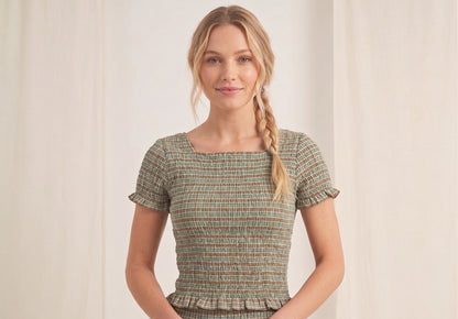 The Hazel Smocked Square-Neck Top in Sage Plaid