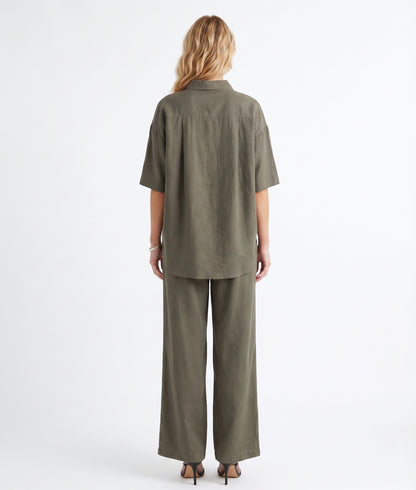 The Soren Oversized Short-Sleeve Button-Down in Olive Khaki