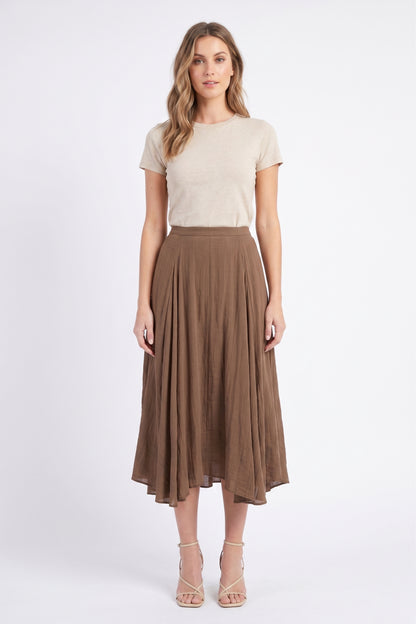 The Sienna Pleated Crinkle Midi Skirt in Mocha