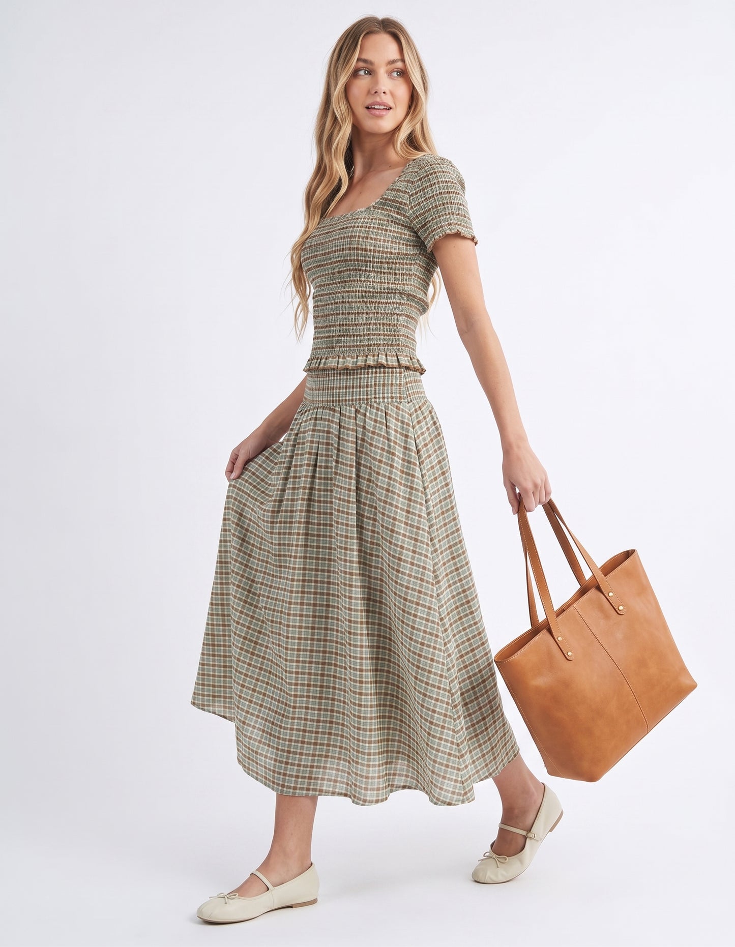 The Hazel Smocked-Waist A-Line Midi Skirt in Sage Plaid