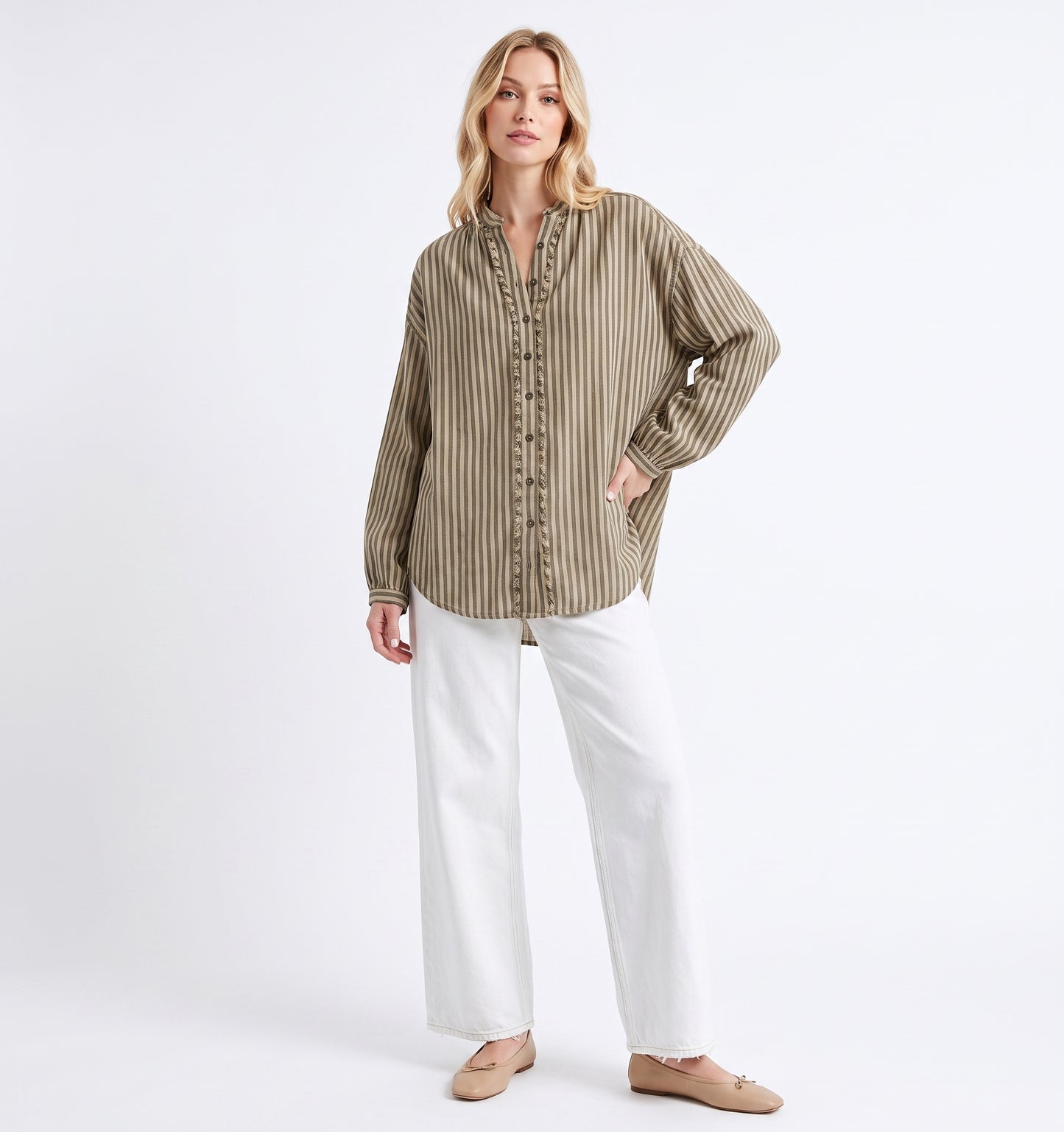 The Dakota Fringe-Trimmed Striped Oversized Blouse