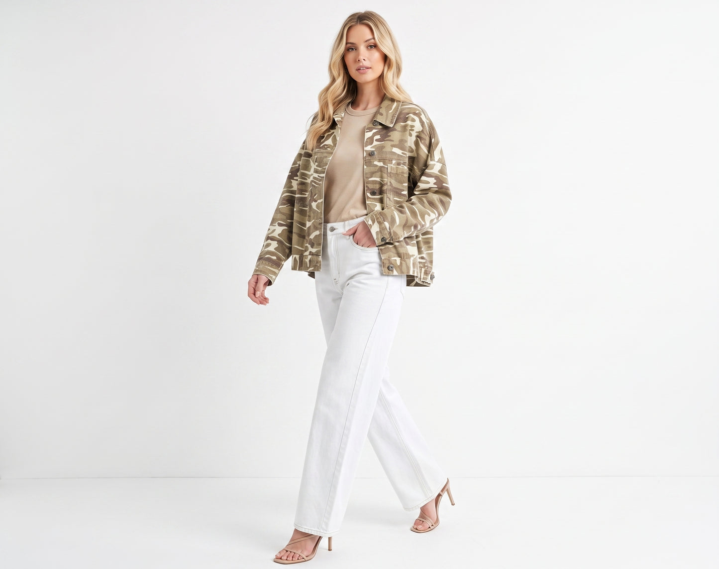 The Maverick Pleated-Back Camo Oversized Denim Jacket