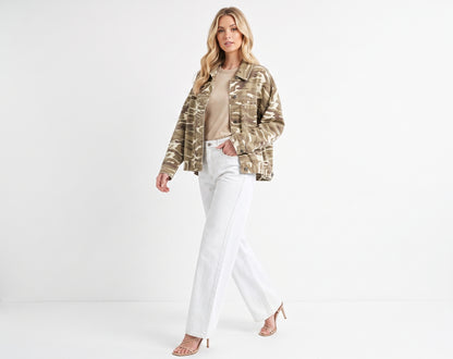 The Maverick Pleated-Back Camo Oversized Denim Jacket