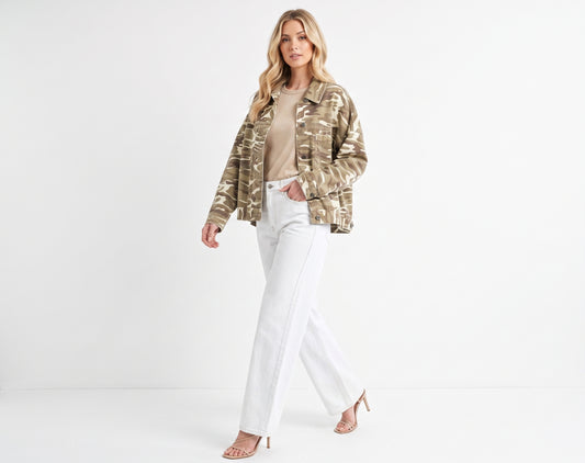 The Maverick Pleated-Back Camo Oversized Denim Jacket