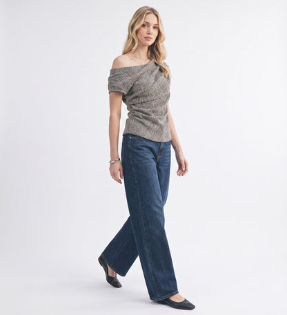 The Geneva Asymmetrical Drape Cowl Knit Top in Charcoal
