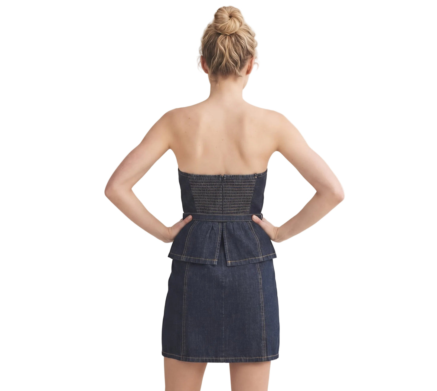 The Indigo Corset Belted Peplum Denim Mini Dress