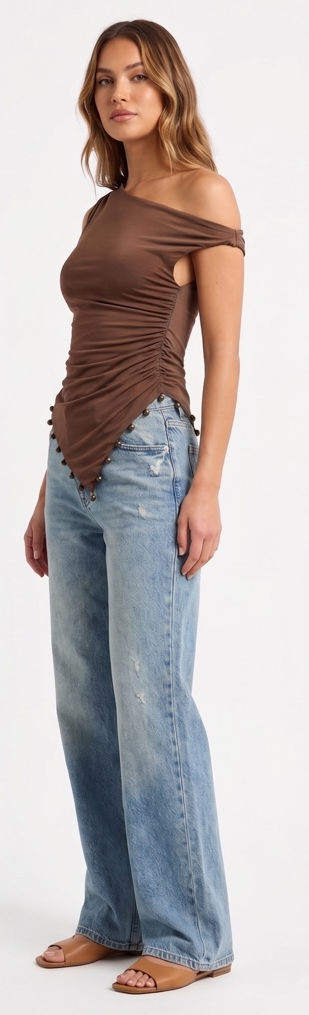 The Calypso Beaded Asymmetrical One-Shoulder Top in Bronze Mocha