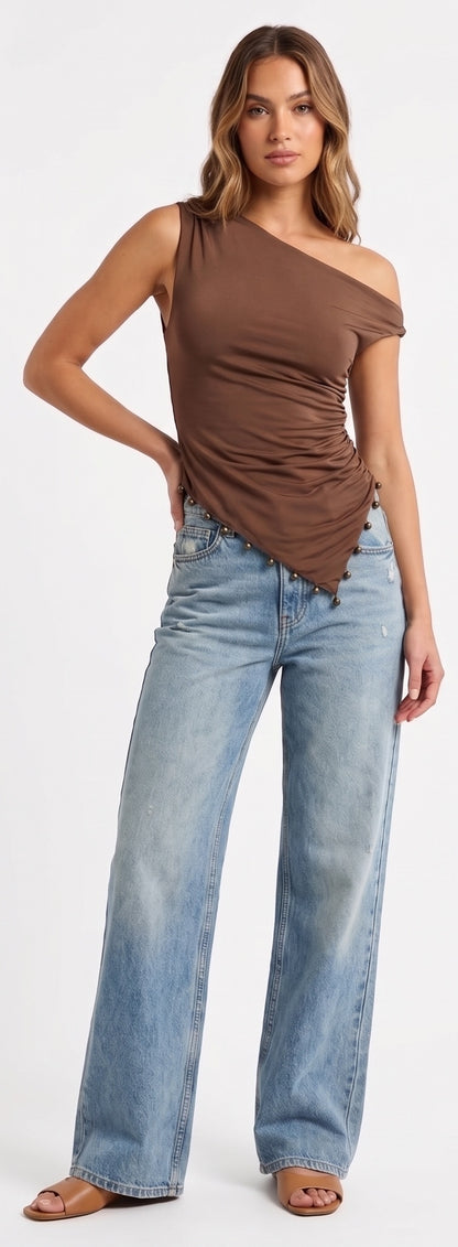The Calypso Beaded Asymmetrical One-Shoulder Top in Bronze Mocha