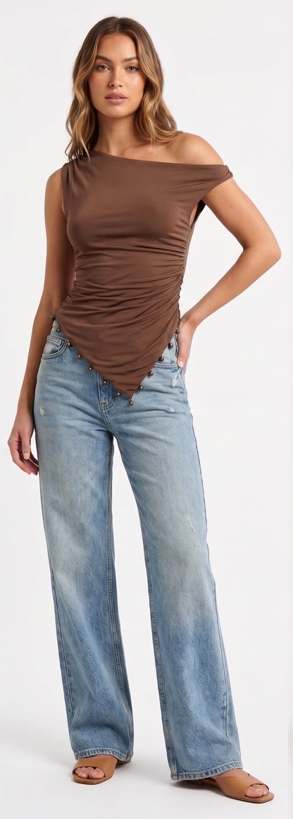 The Calypso Beaded Asymmetrical One-Shoulder Top in Bronze Mocha