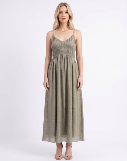 The Marlowe Smocked Empire Cami Maxi Dress in Sage Heather