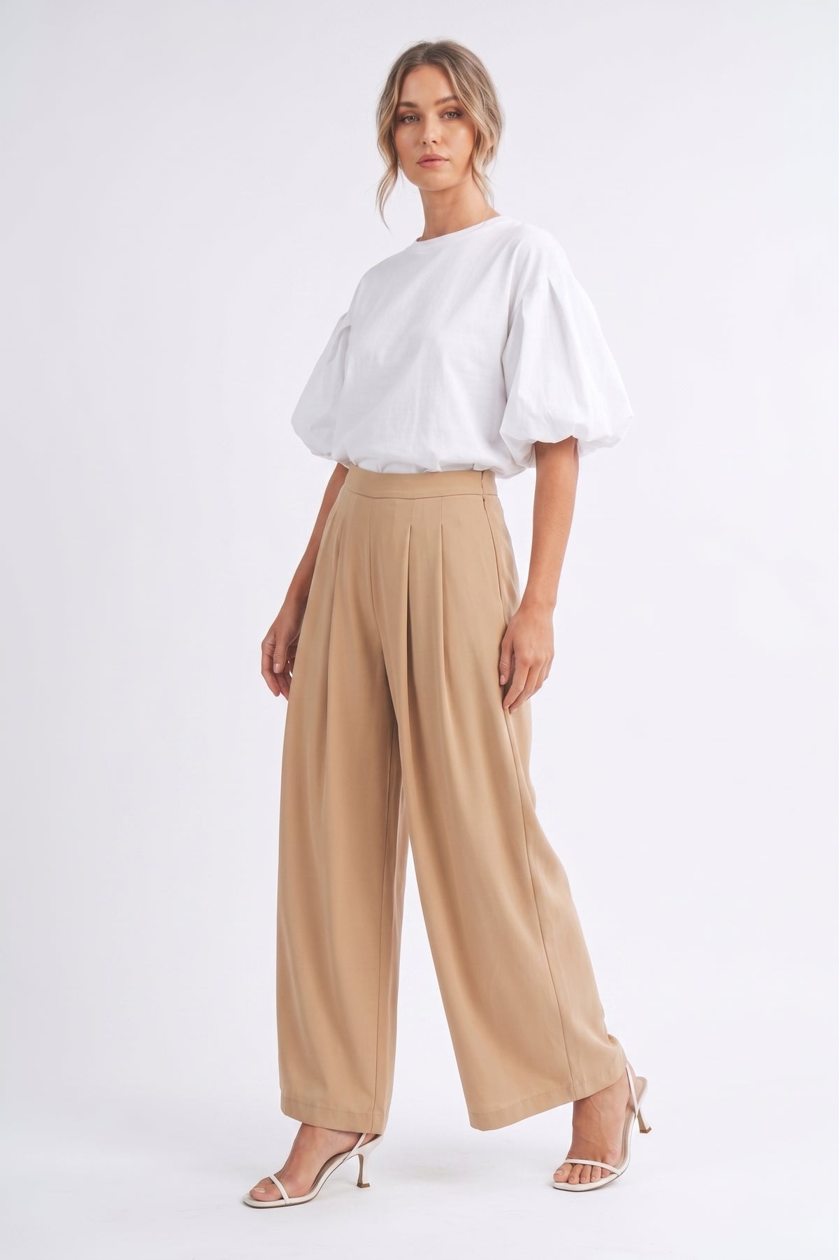 The Monaco Pleated Fluid Palazzo Pants in Camel