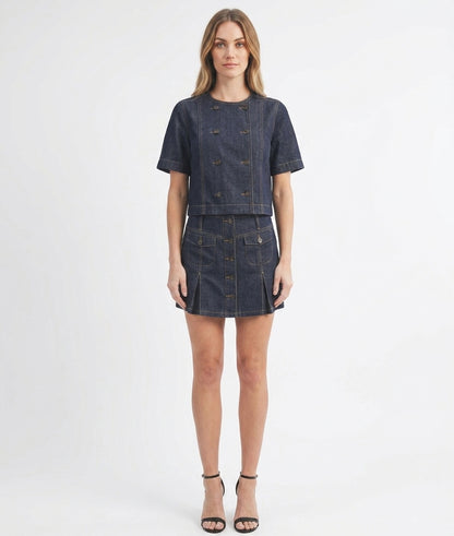 The Cambridge Double-Breasted Cropped Denim Top in Dark Indigo
