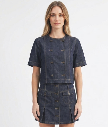The Cambridge Double-Breasted Cropped Denim Top in Dark Indigo