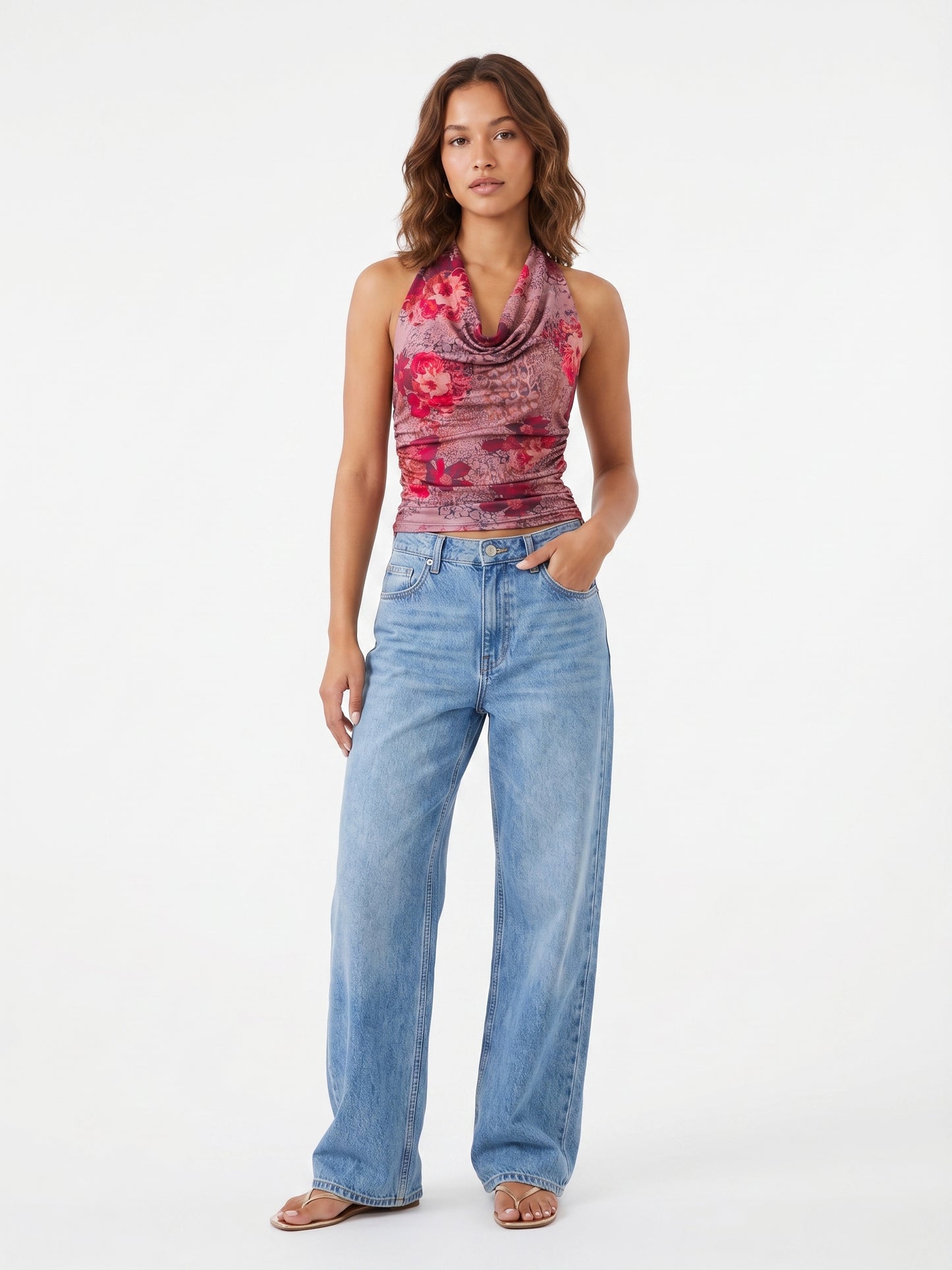 The Delilah Ruched Cowl Halter Top in Mauve Rose