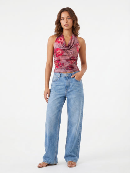 The Delilah Ruched Cowl Halter Top in Mauve Rose