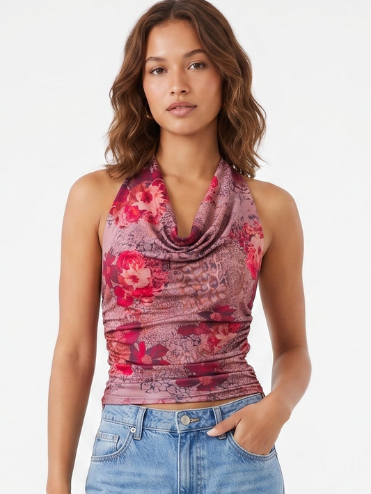 The Delilah Ruched Cowl Halter Top in Mauve Rose