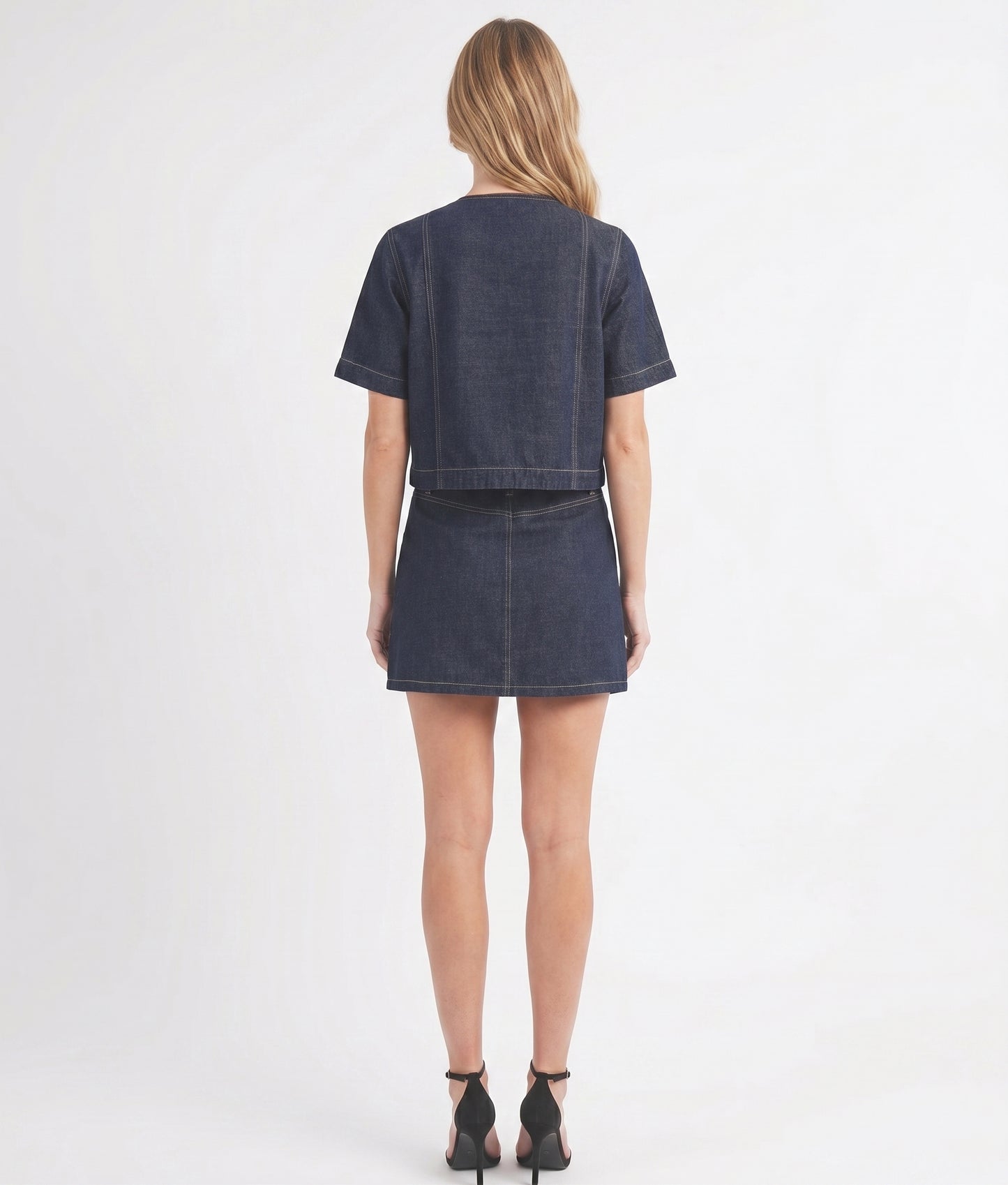 The Cambridge Double-Breasted Cropped Denim Top in Dark Indigo