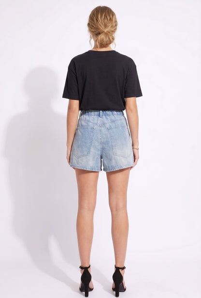 The Marley Pleated Elastic-Waist Acid Wash Denim Shorts