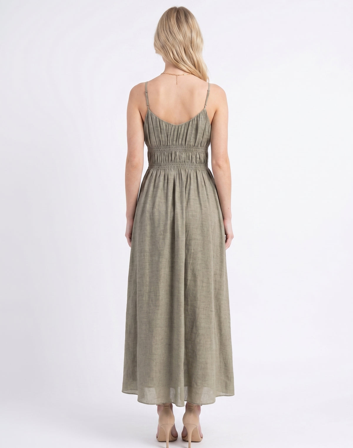 The Marlowe Smocked Empire Cami Maxi Dress in Sage Heather