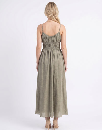 The Marlowe Smocked Empire Cami Maxi Dress in Sage Heather