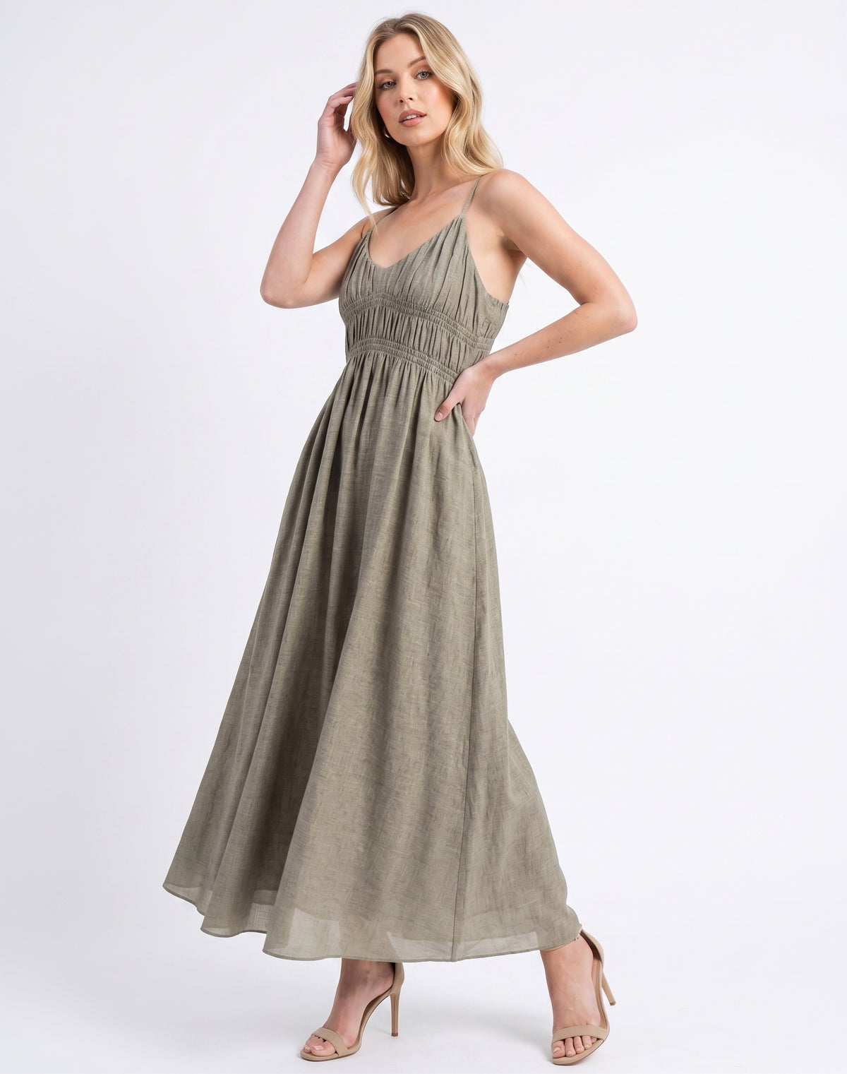 The Marlowe Smocked Empire Cami Maxi Dress in Sage Heather