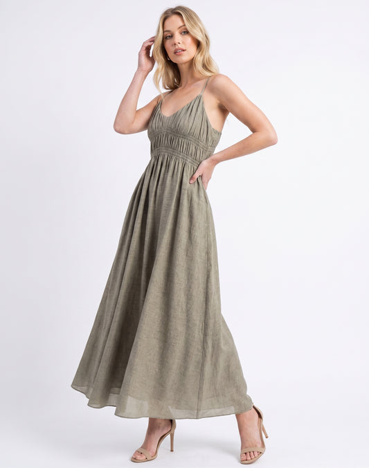 The Marlowe Smocked Empire Cami Maxi Dress in Sage Heather