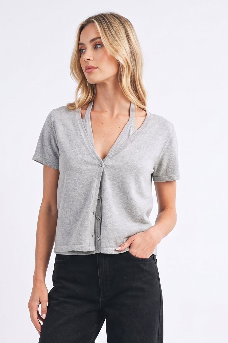 The Reese 2-in-1 Halter Layered Short-Sleeve Cardigan Top