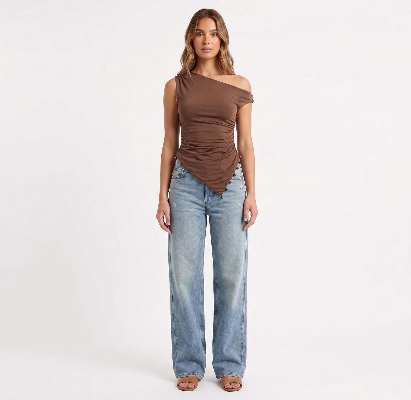 The Calypso Beaded Asymmetrical One-Shoulder Top in Bronze Mocha