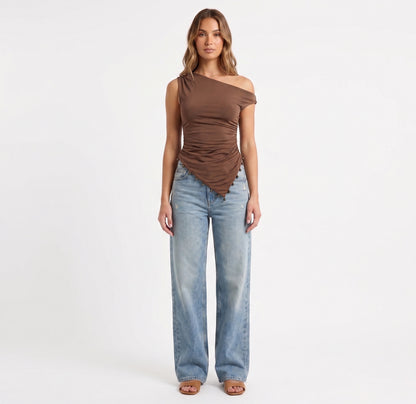 The Calypso Beaded Asymmetrical One-Shoulder Top in Bronze Mocha