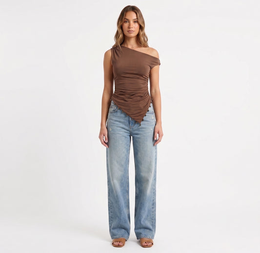 The Calypso Beaded Asymmetrical One-Shoulder Top in Bronze Mocha