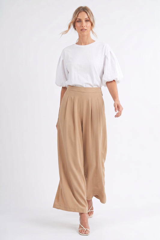 The Monaco Pleated Fluid Palazzo Pants in Camel