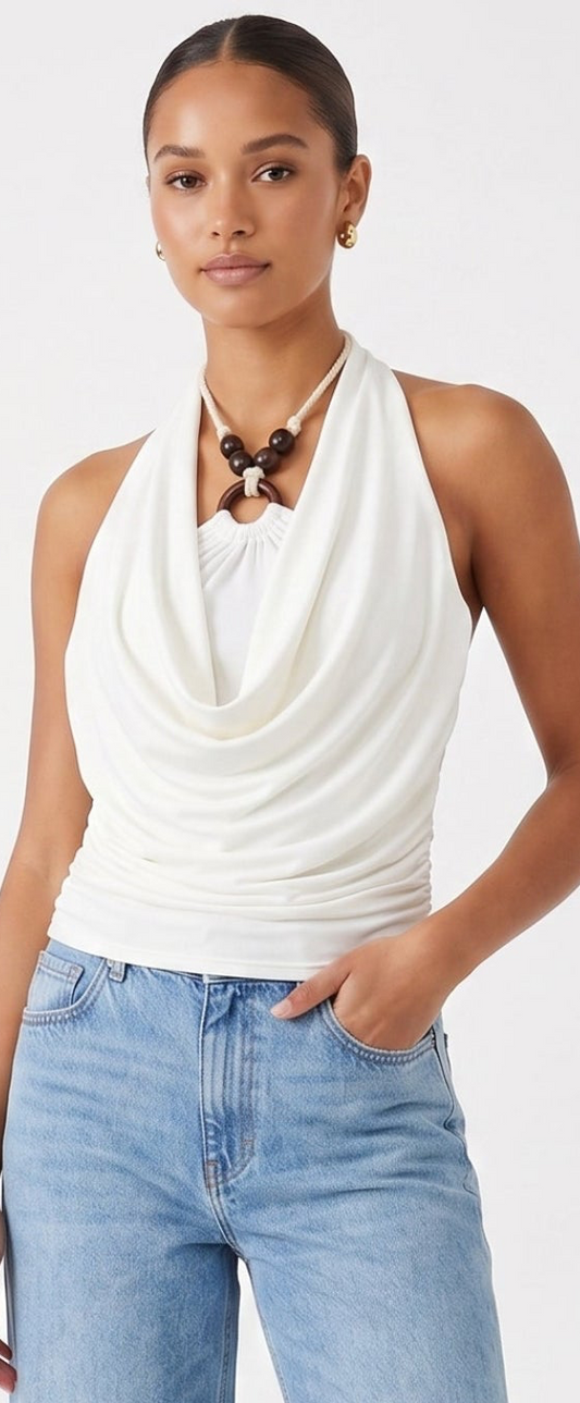 The Santorini Beaded Cowl Halter Top in Ivory