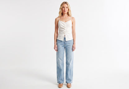 The Elena Center-Ruched Button-Front Cami Top in White