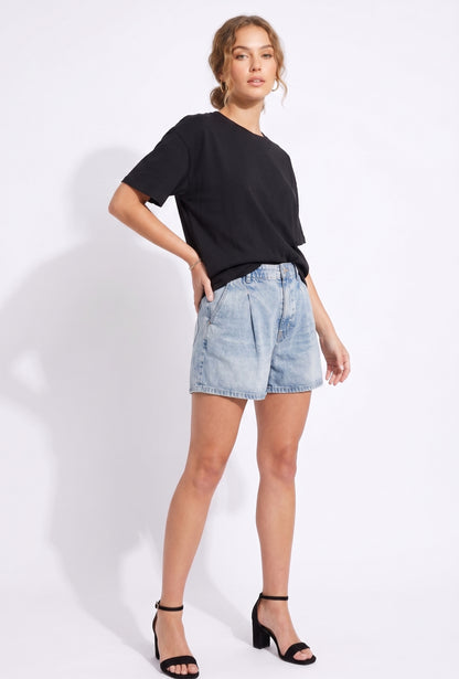 The Marley Pleated Elastic-Waist Acid Wash Denim Shorts
