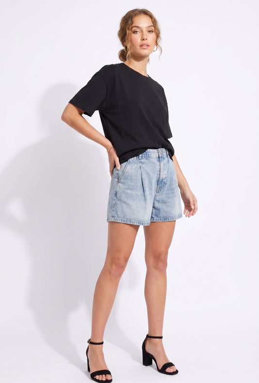 The Marley Pleated Elastic-Waist Acid Wash Denim Shorts