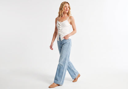 The Elena Center-Ruched Button-Front Cami Top in White