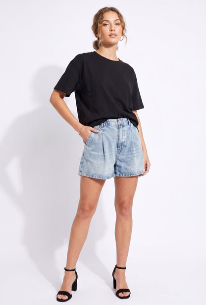 The Marley Pleated Elastic-Waist Acid Wash Denim Shorts