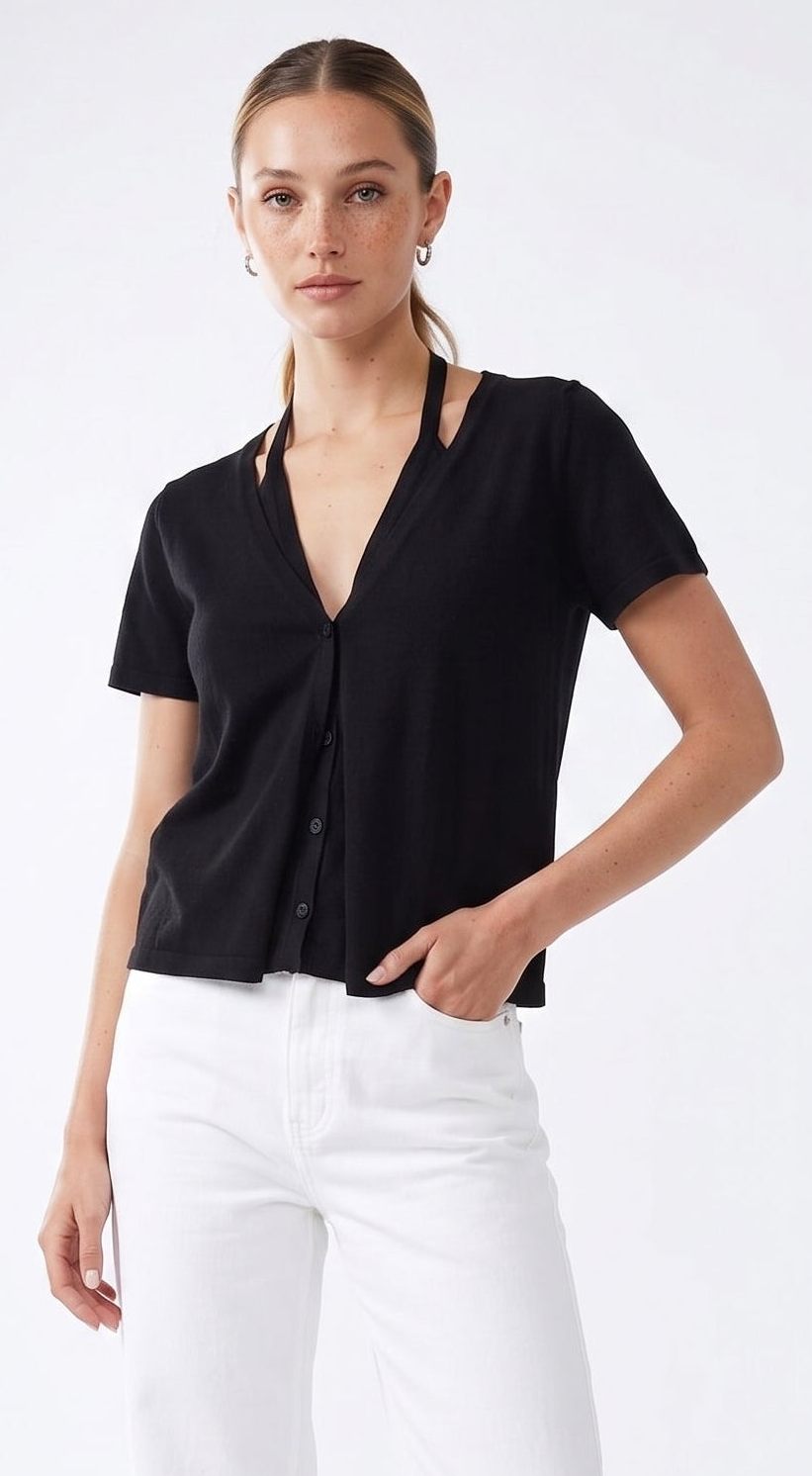 The Reese 2-in-1 Halter Layered Short-Sleeve Cardigan Top