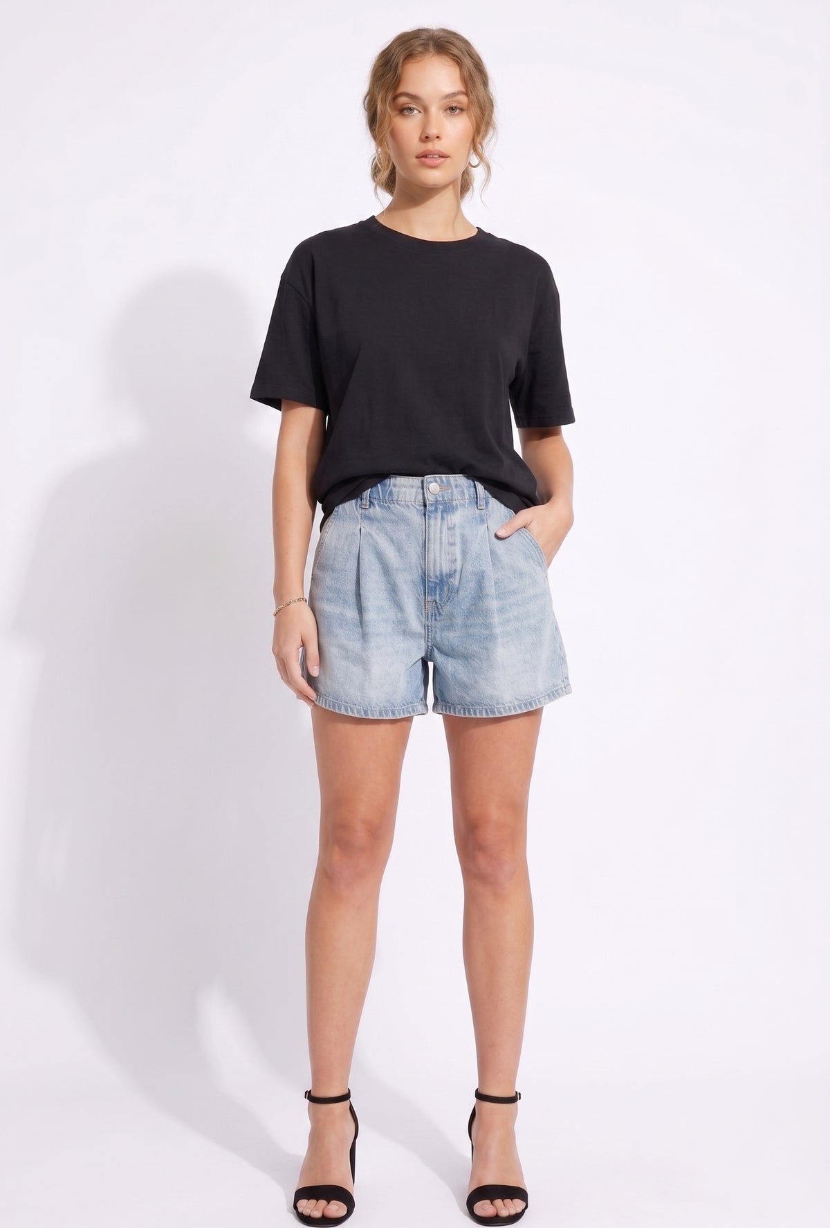The Marley Pleated Elastic-Waist Acid Wash Denim Shorts