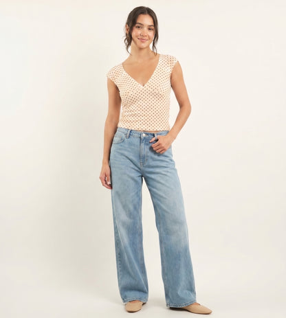 The Chloe Cap-Sleeve Mesh Baby Tee in Cream Polka Dot