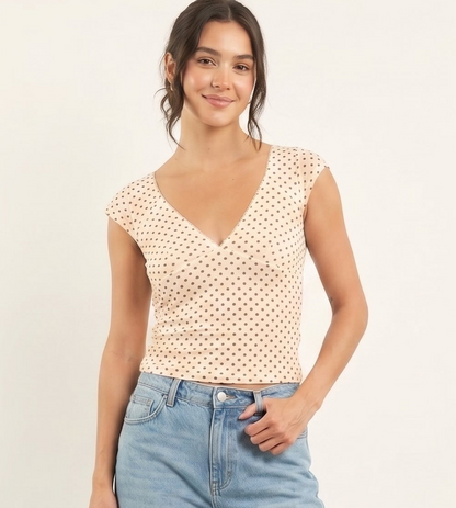 The Chloe Cap-Sleeve Mesh Baby Tee in Cream Polka Dot