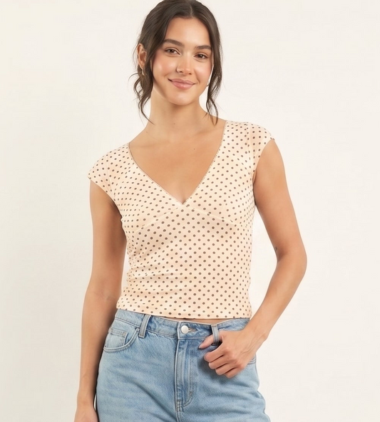 The Chloe Cap-Sleeve Mesh Baby Tee in Cream Polka Dot